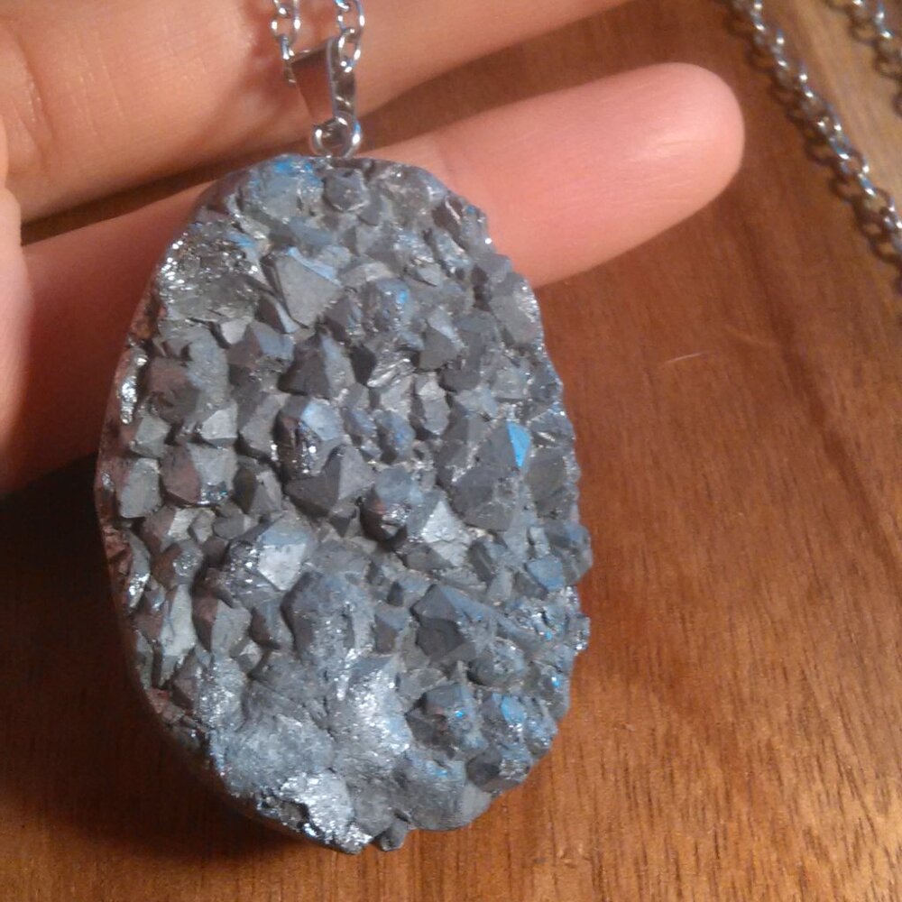 Silver Color Plated Druzy Stainless Steel Pendant Necklace